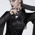 EVA LADY Women's Gothic Rose Skull Lace Ruffle Drawstring Pouch Handbag Black