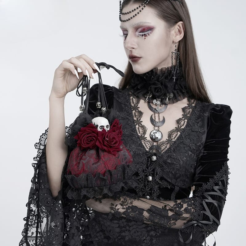 EVA LADY Women's Gothic Rose Skull Lace Ruffle Drawstring Pouch Handbag Red