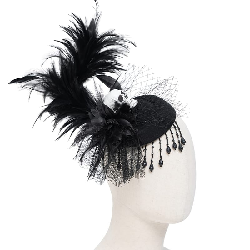 EVA LADY Women's Gothic Skull Feather Beaded Fringe Fascinator Hat
