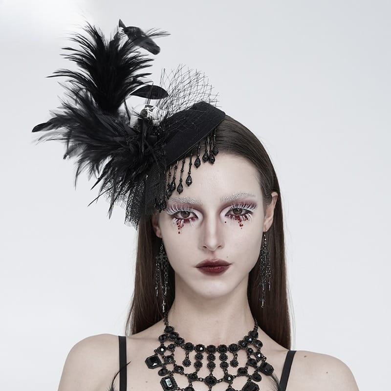 EVA LADY Women's Gothic Skull Feather Beaded Fringe Fascinator Hat