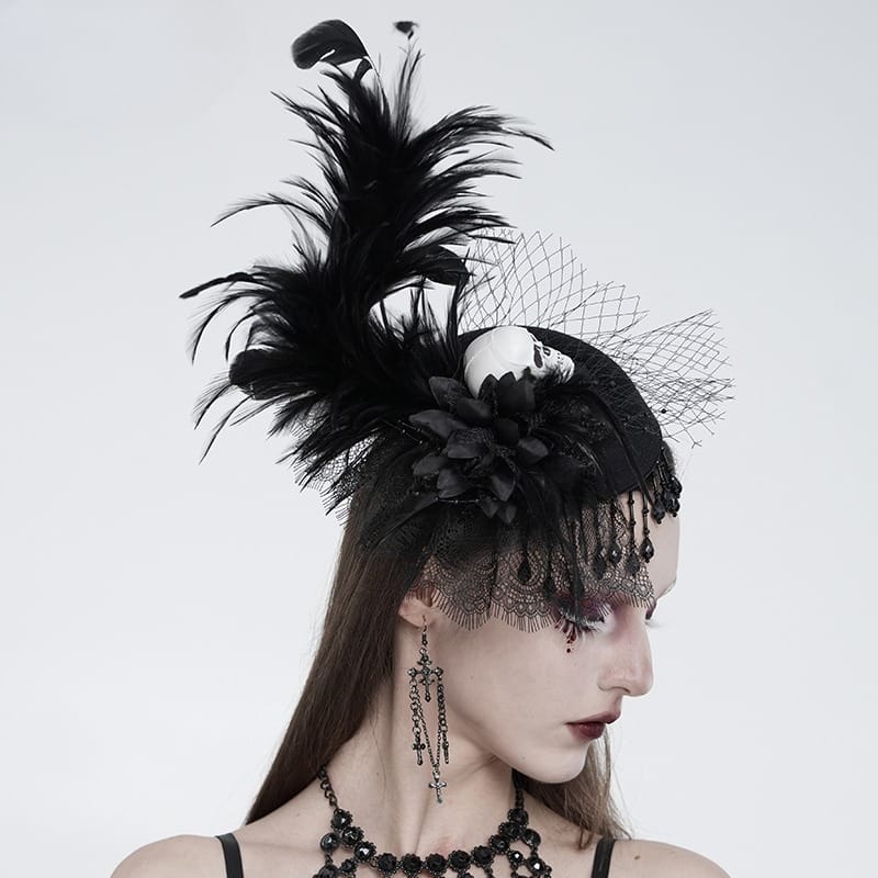 EVA LADY Women's Gothic Skull Feather Beaded Fringe Fascinator Hat