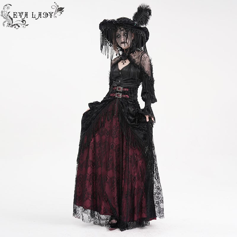 EVA LADY Women's Gothic Tassels Buckle-up Long Skirt Black Red