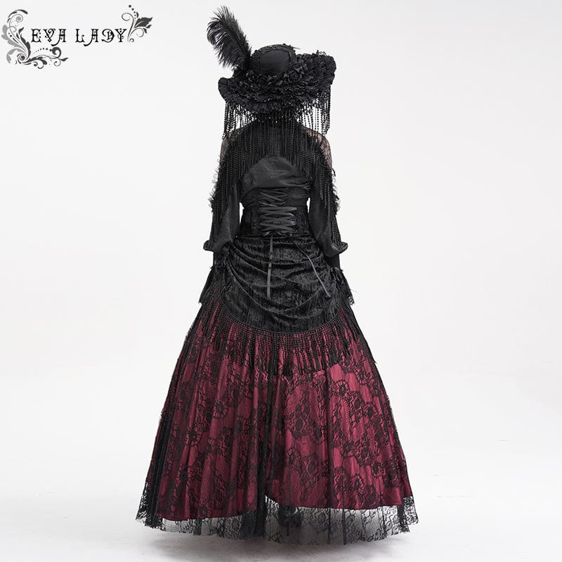 EVA LADY Women's Gothic Tassels Buckle-up Long Skirt Black Red