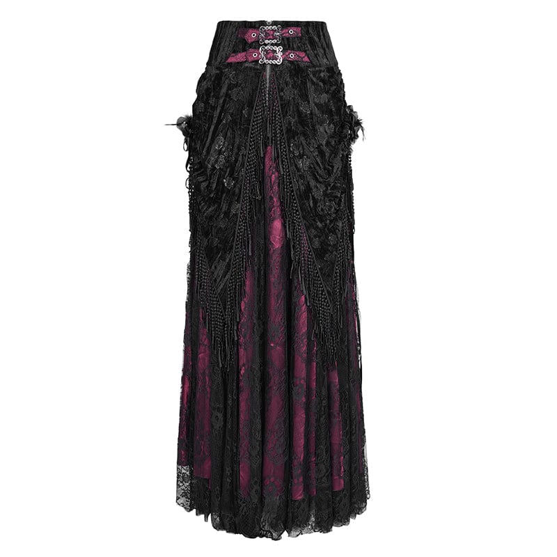 EVA LADY Women's Gothic Tassels Buckle-up Long Skirt Black Red