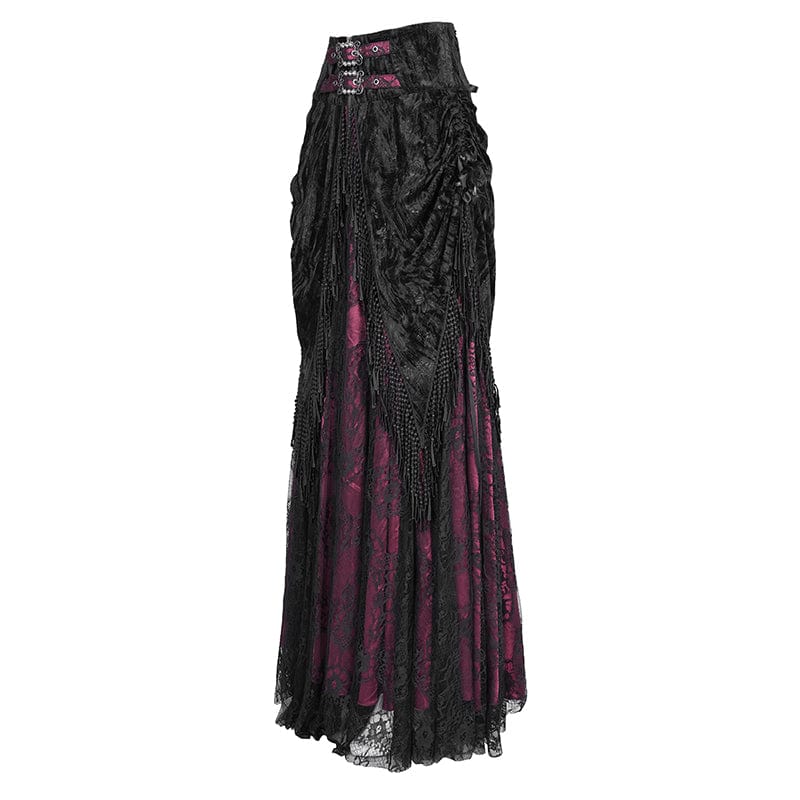 EVA LADY Women's Gothic Tassels Buckle-up Long Skirt Black Red