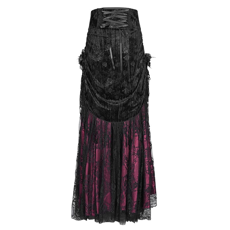 EVA LADY Women's Gothic Tassels Buckle-up Long Skirt Black Red