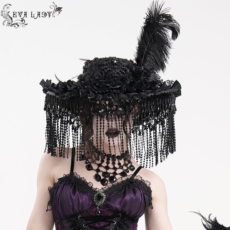 EVA LADY Women's Gothic Tassels Feather Lace Hat