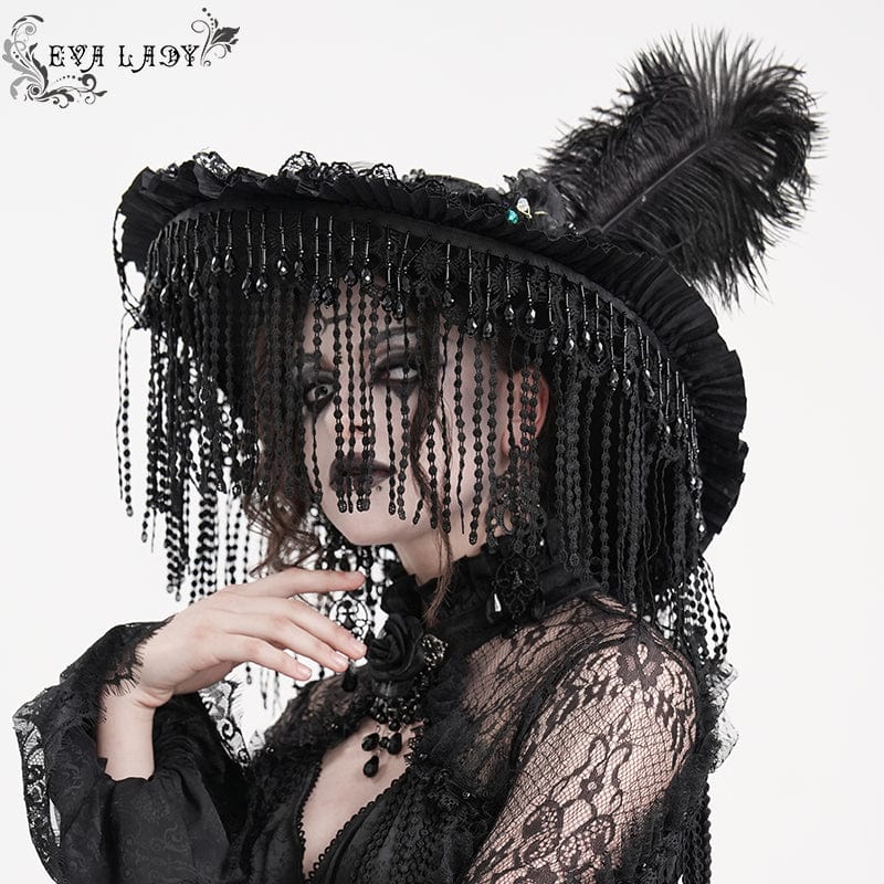 EVA LADY Women's Gothic Tassels Feather Lace Hat