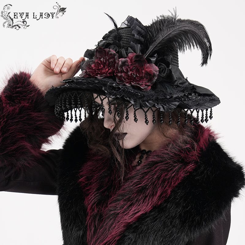 EVA LADY Women's Gothic Tassels Feather Rose Hat