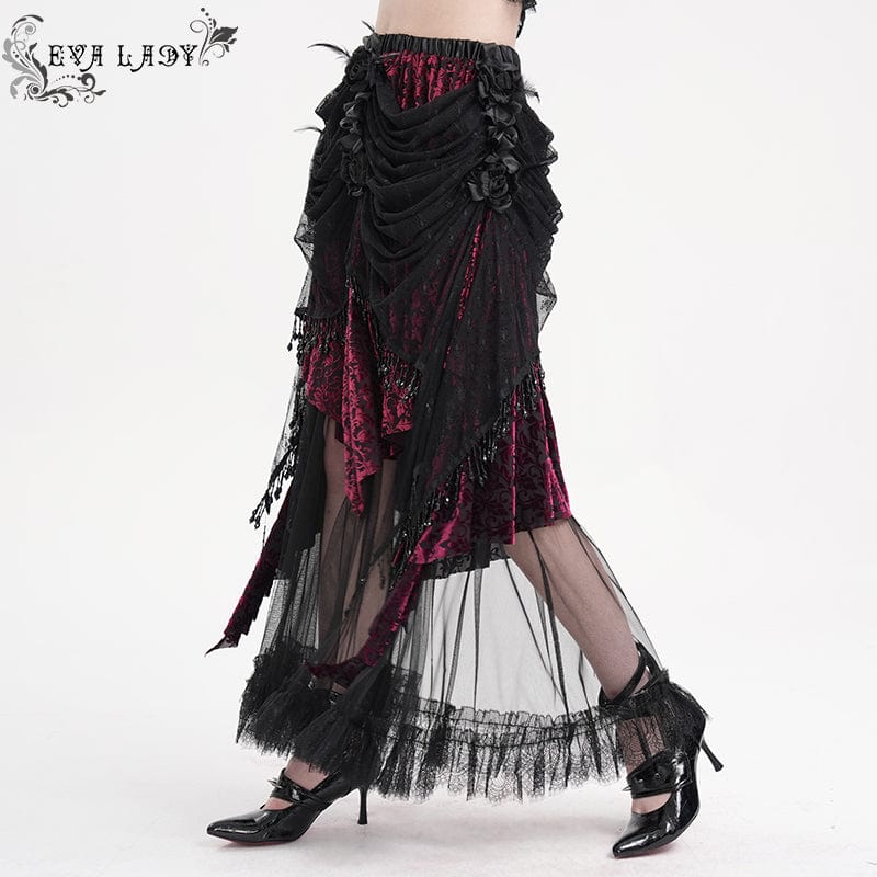 EVA LADY Women's Gothic Tassels Mesh Long Skirt Black Purple