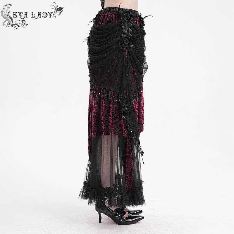 EVA LADY Women's Gothic Tassels Mesh Long Skirt Black Purple