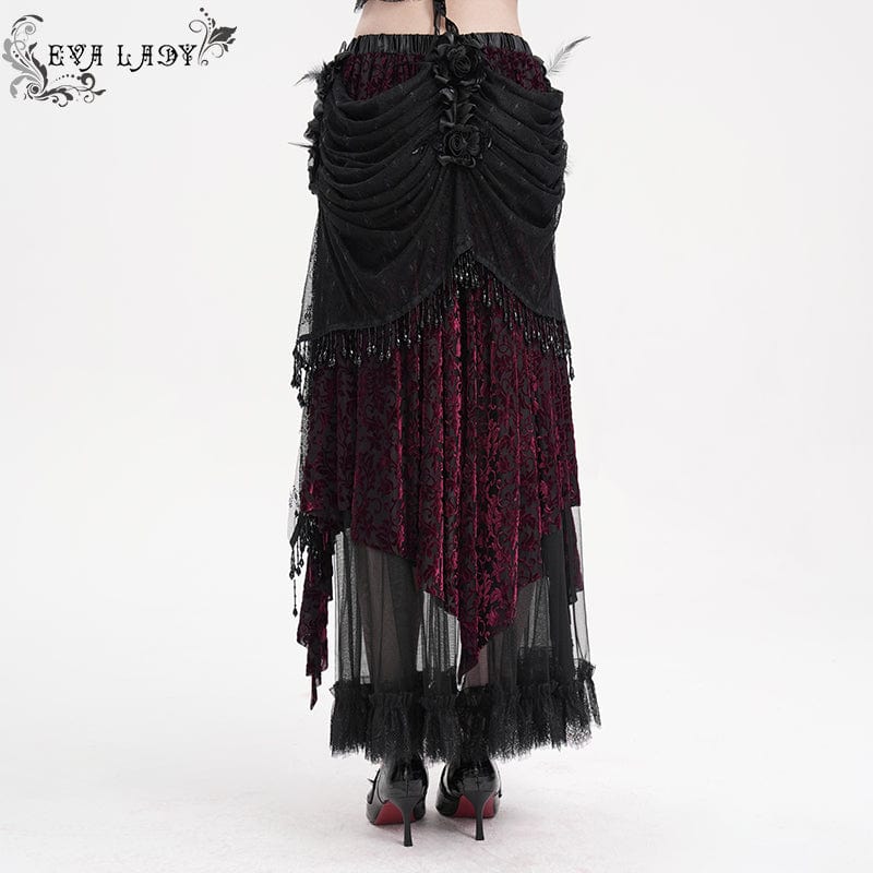 EVA LADY Women's Gothic Tassels Mesh Long Skirt Black Purple