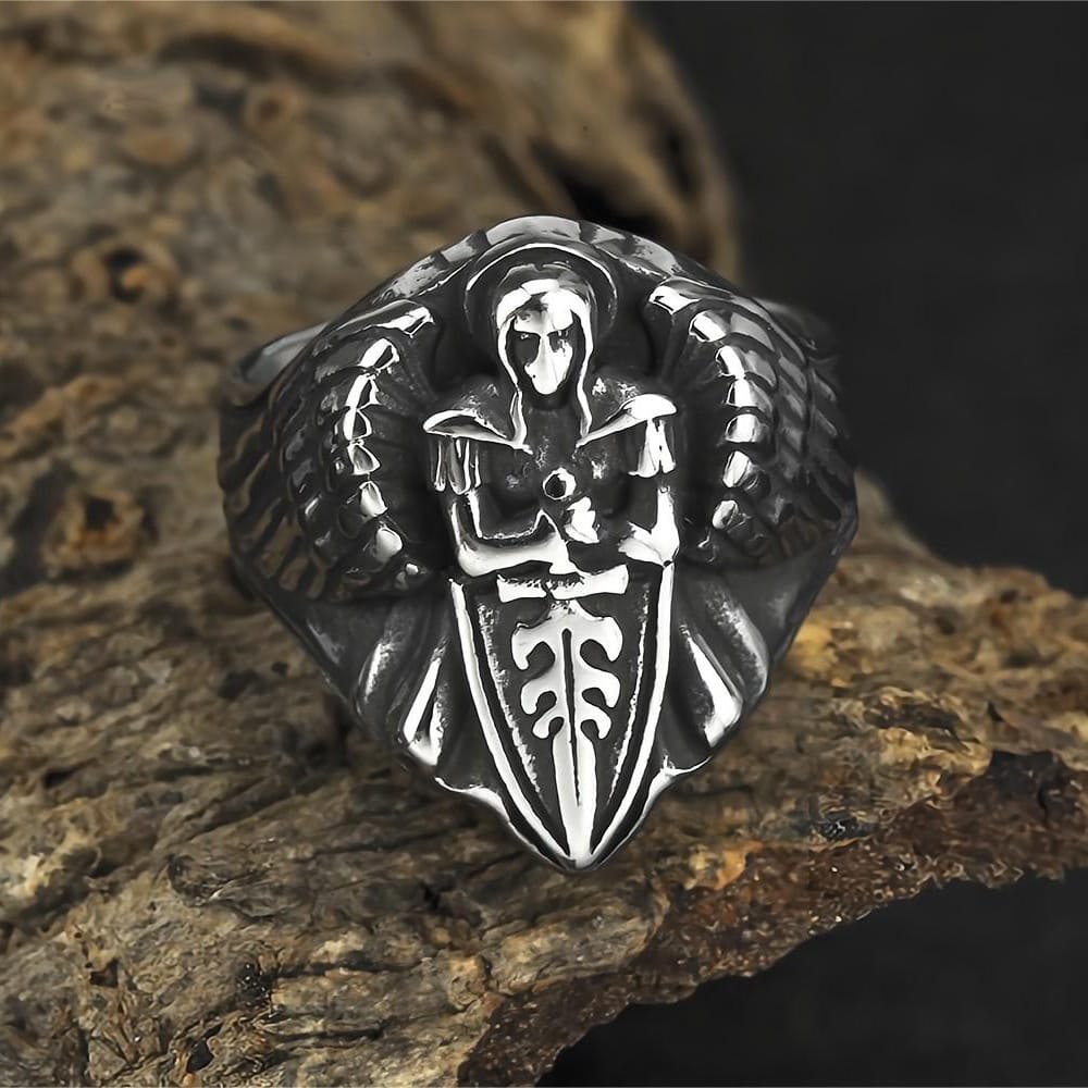 Kobine Men's Punk 3D Sculpted Angel Sword Shield Ring
