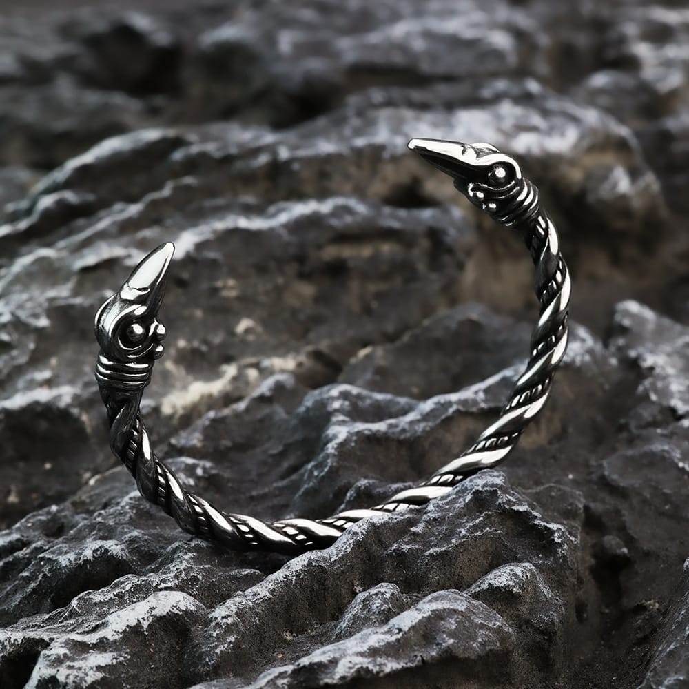 Kobine Men's Punk Antiqued Raven Head Open Cuff Bracelet