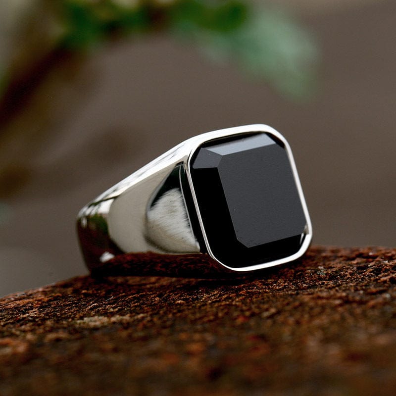 Kobine Men's Punk Black Agate Ring