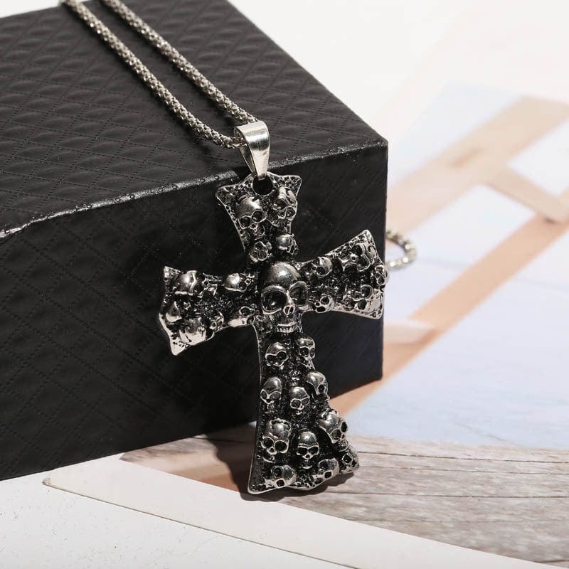 Kobine Men's Punk Large Skulls Cross Pendant Necklace