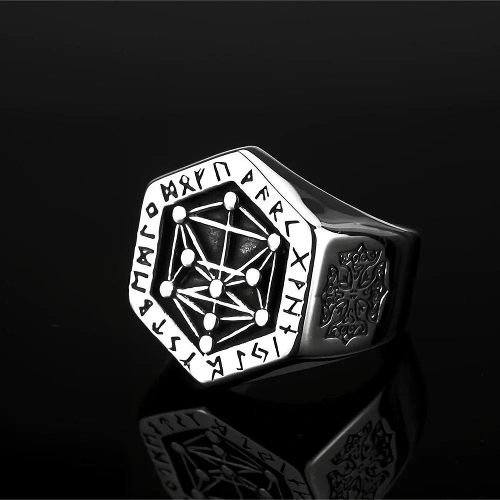 Kobine Men's Punk Norse Runes Geometric Hexagon Ring