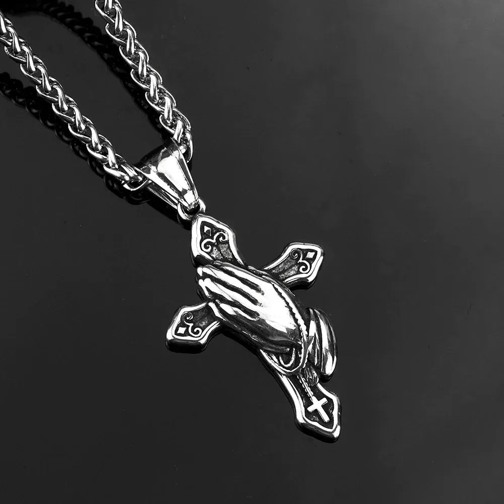 Kobine Men's Punk Praying Hands & Cross Necklace