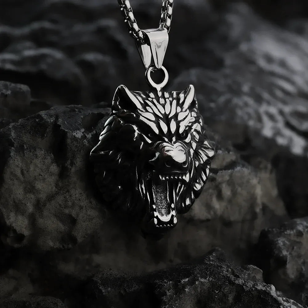 Kobine Men's Punk Roaring Wolf Head Necklace
