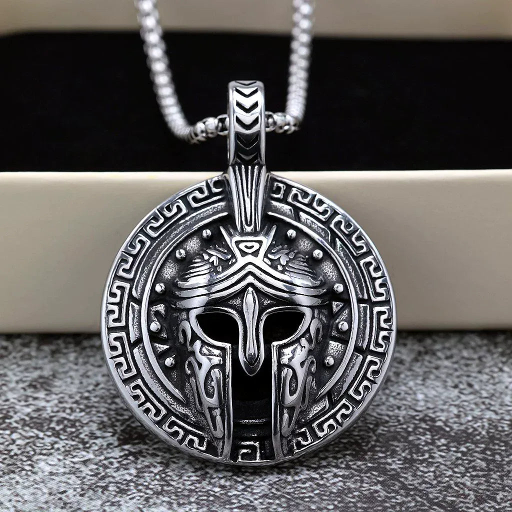 Kobine Men's Punk Spartan Helmet & Greek Key Pattern Necklace