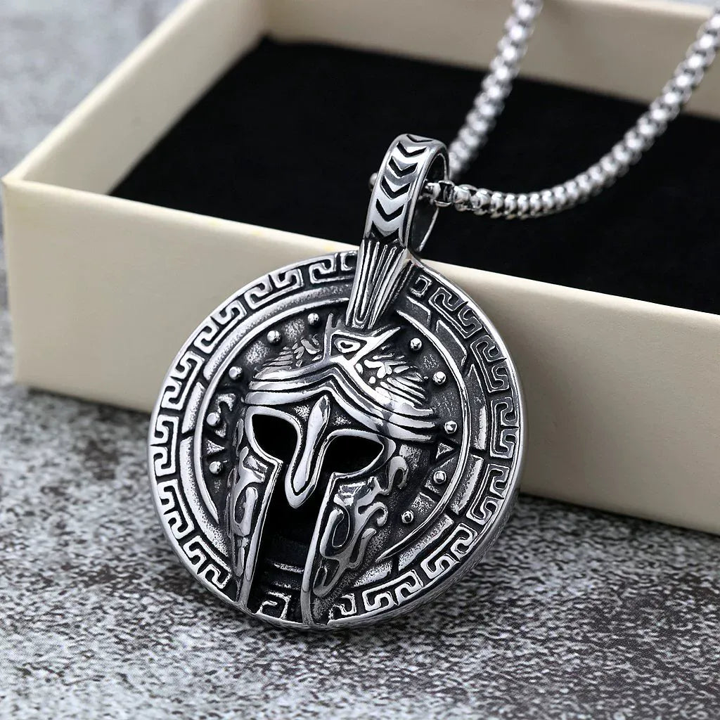 Kobine Men's Punk Spartan Helmet & Greek Key Pattern Necklace