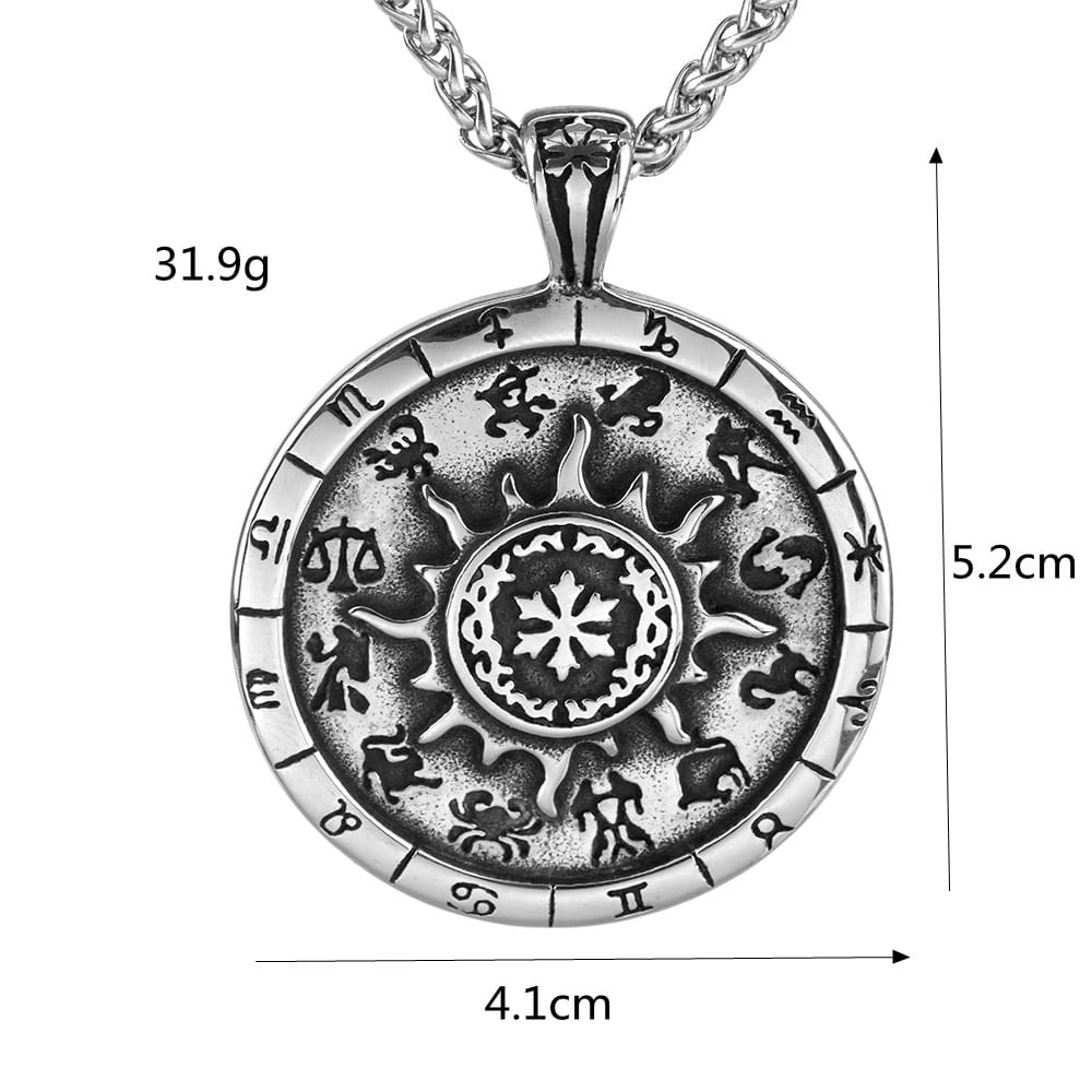 Kobine Men's Punk Sun Twelve Constellations Carved Pendant Necklace