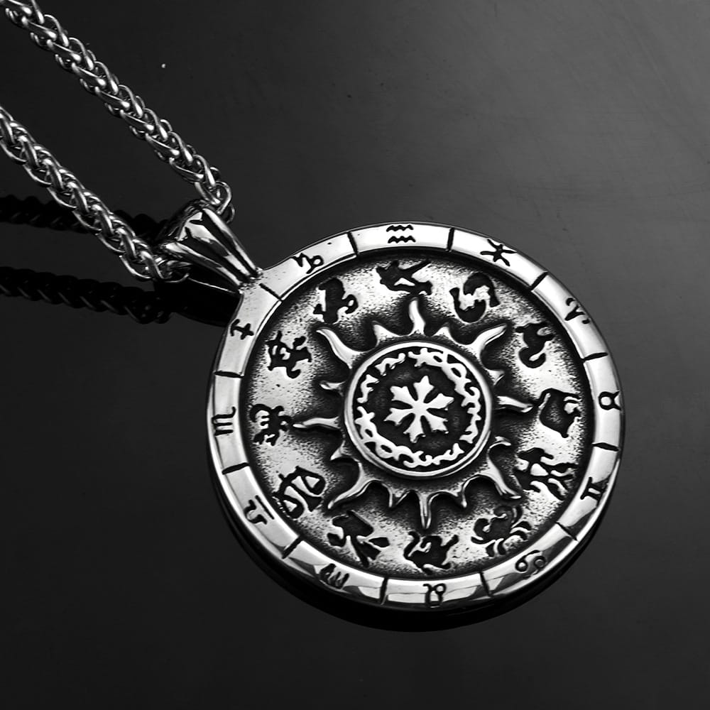 Kobine Men's Punk Sun Twelve Constellations Carved Pendant Necklace