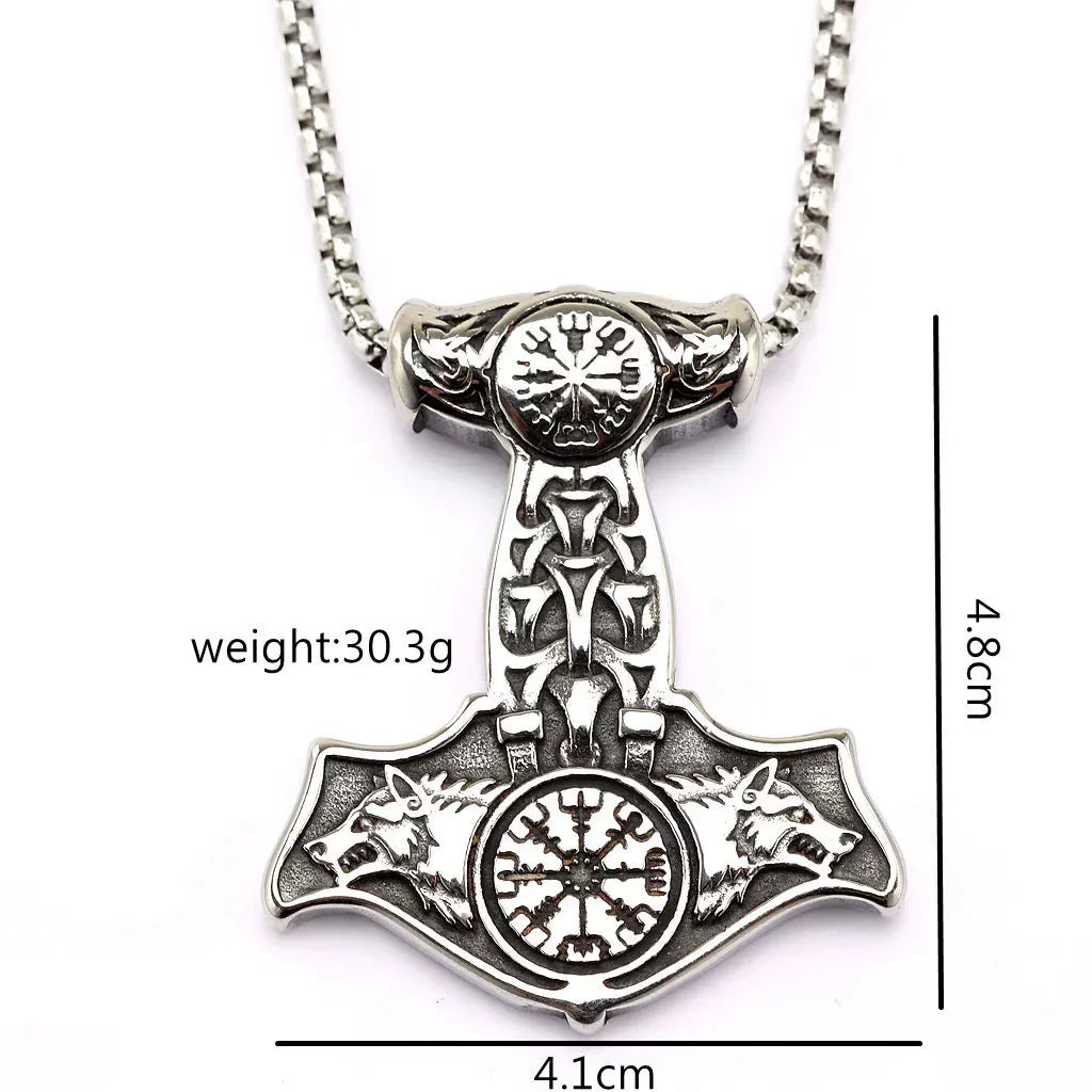 Kobine Men's Punk Viking Wolf Head Mjolnir Necklace