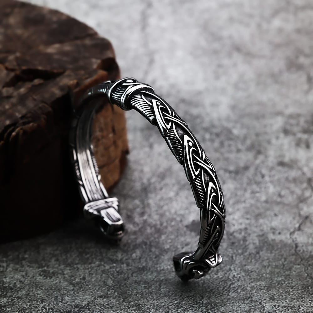 Kobine Men's Punk Wolf Head Carved Open Cuff Bracelet