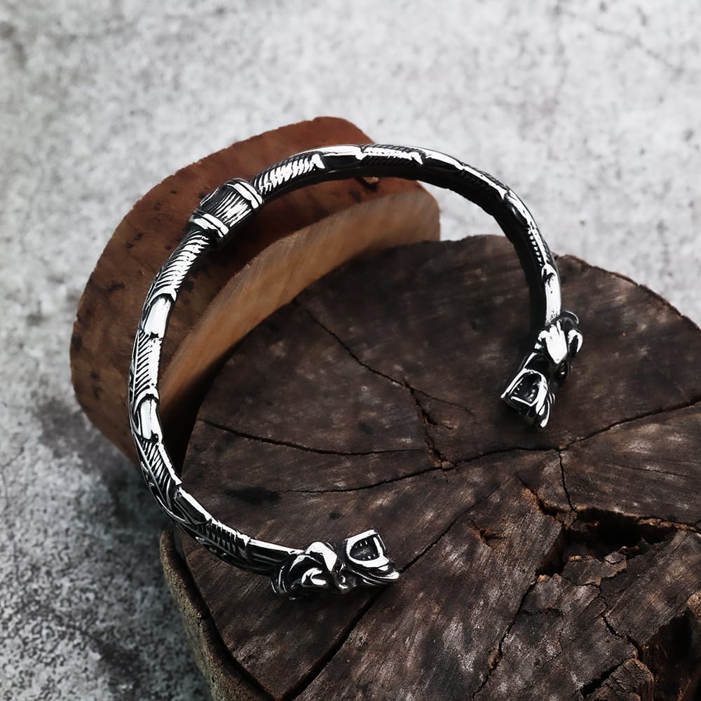 Kobine Men's Punk Wolf Head Carved Open Cuff Bracelet