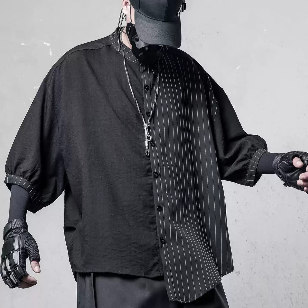 Kobine Men's Techwear Asymmetric Pinstripe Loose Shirt
