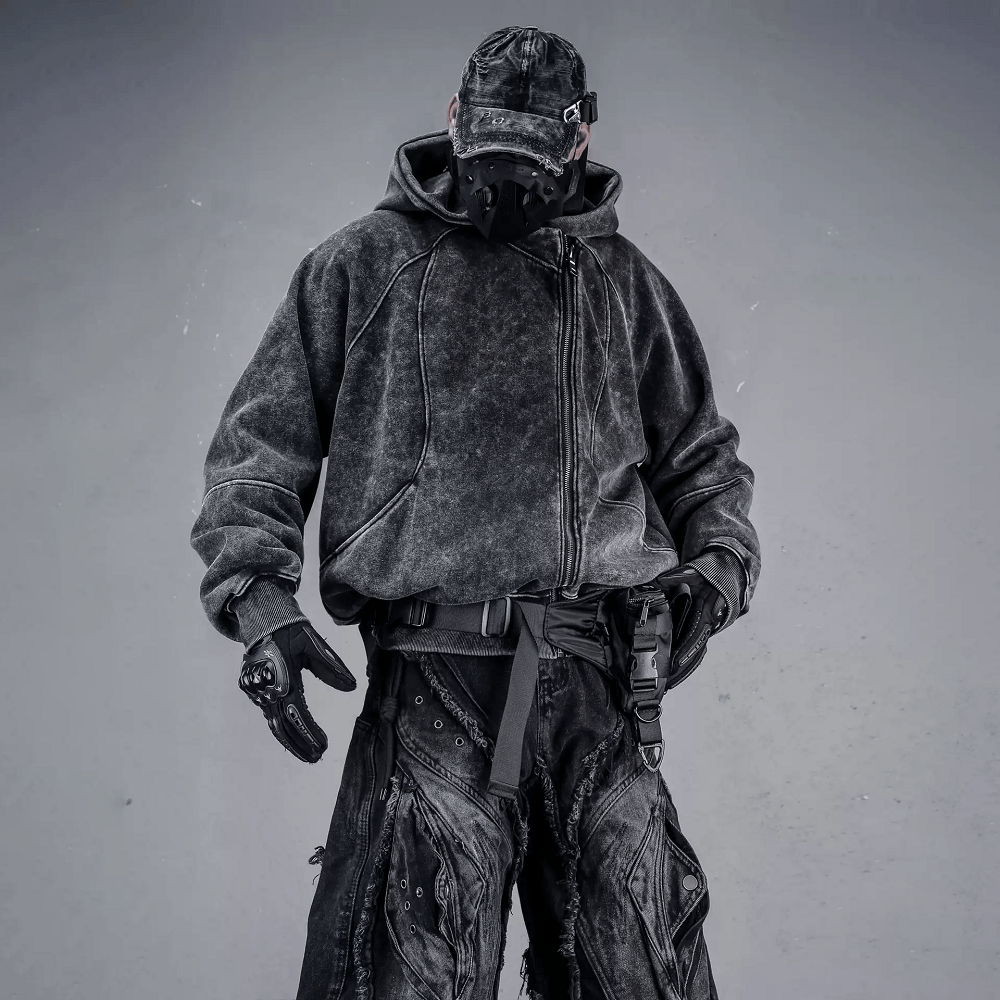 Kobine Men's Techwear Distressed Asymmetrical Placket Zip-Up Hooded Jacket