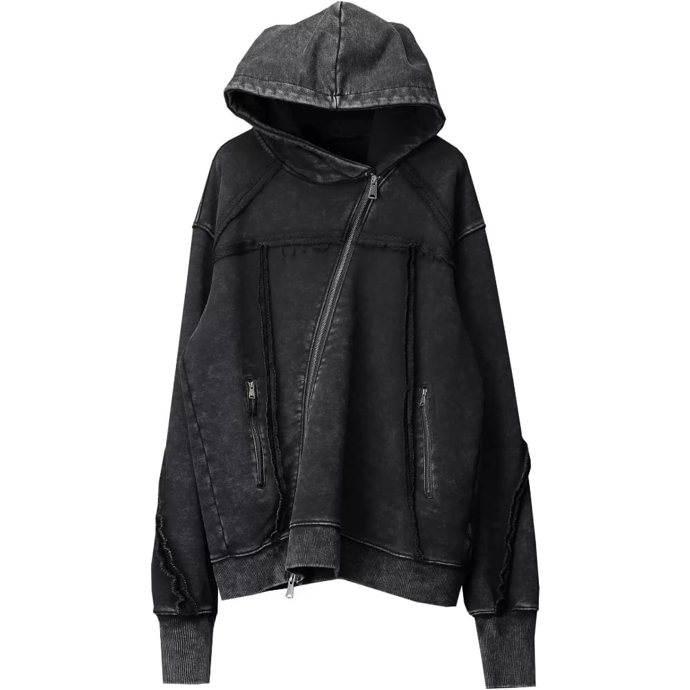 Kobine Men's Techwear Distressed Diagonal Placket Hooded Jacket