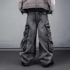 Kobine Men's Techwear Distressed Multi-Pockets Wide Leg Denim Cargo Pants