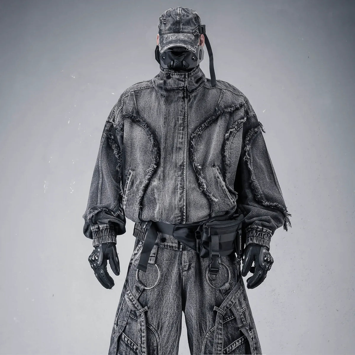 Kobine Men's Techwear Distressed Raw Edge Stand Collar Jacket