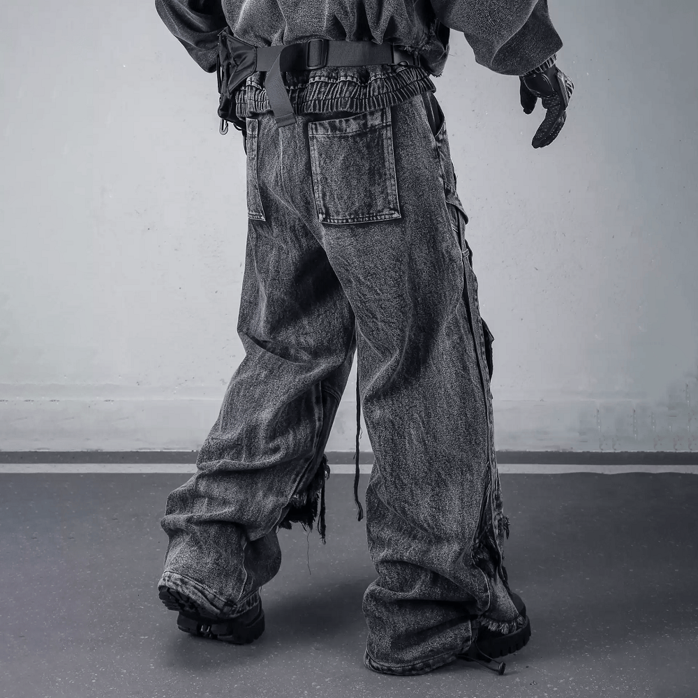 Kobine Men's Techwear Distressed Raw Edge Strappy Wide Leg Pants