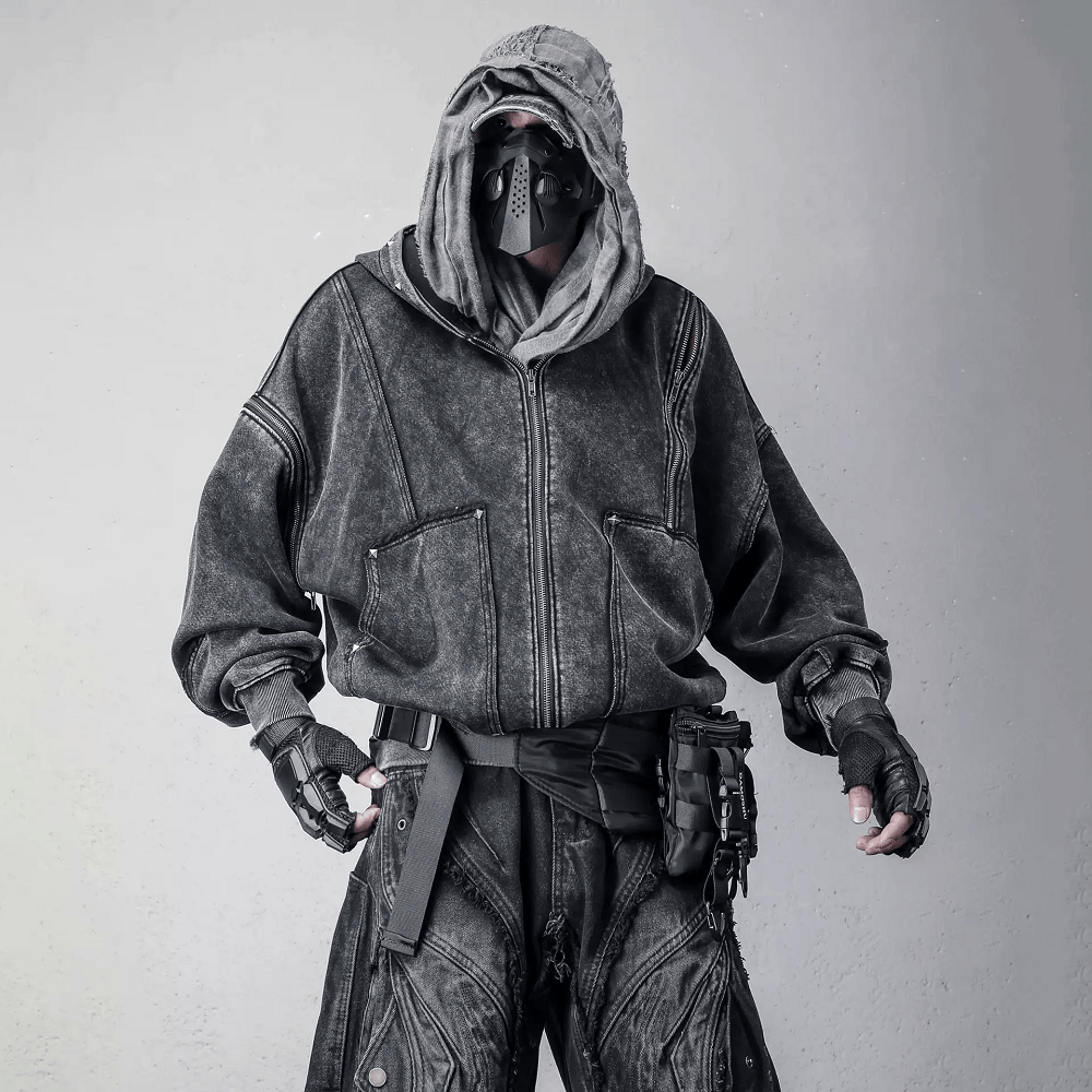 Kobine Men's Techwear Distressed Studded Zip-Up Hooded Jacket
