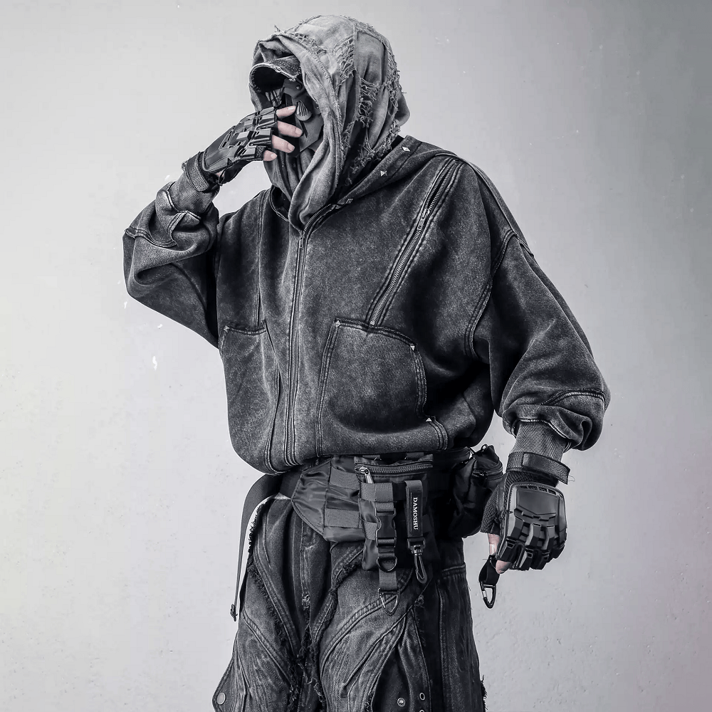 Kobine Men's Techwear Distressed Studded Zip-Up Hooded Jacket