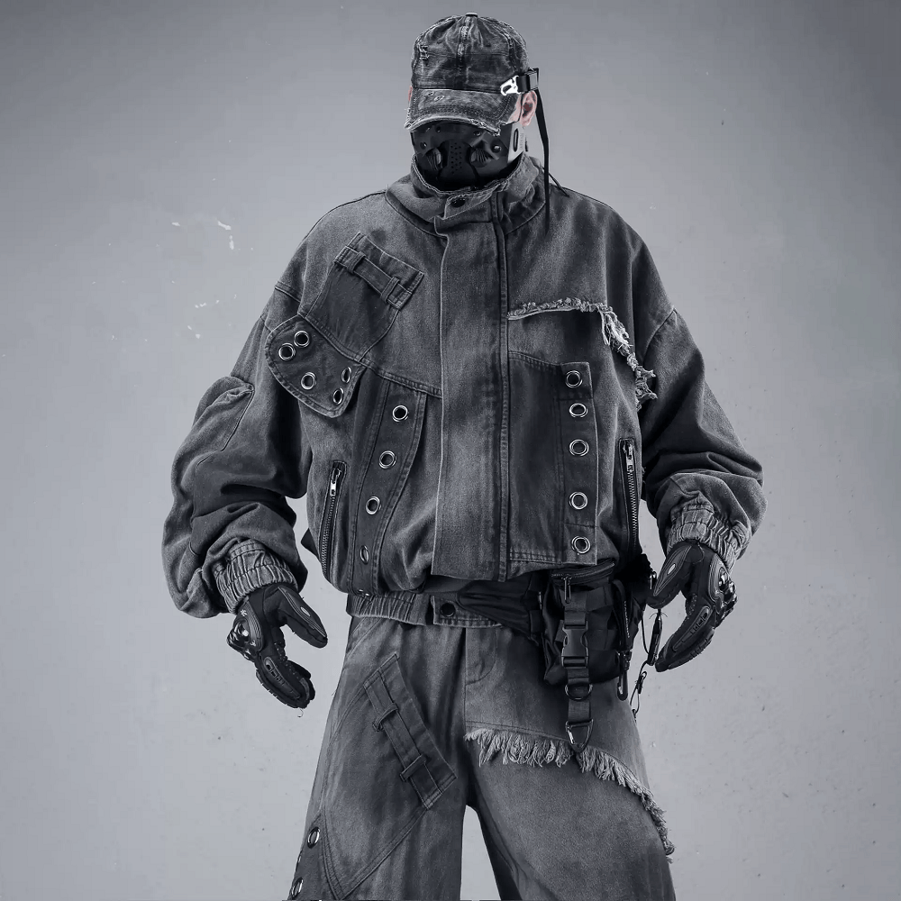 Kobine Men's Techwear Eyelet Zipper Raw Edge High Collar Jacket