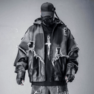 Kobine Men's Techwear Frayed Raw-Edge Patchwork Hooded Jacket
