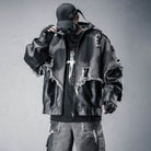 Kobine Men's Techwear Frayed Raw-Edge Patchwork Hooded Jacket