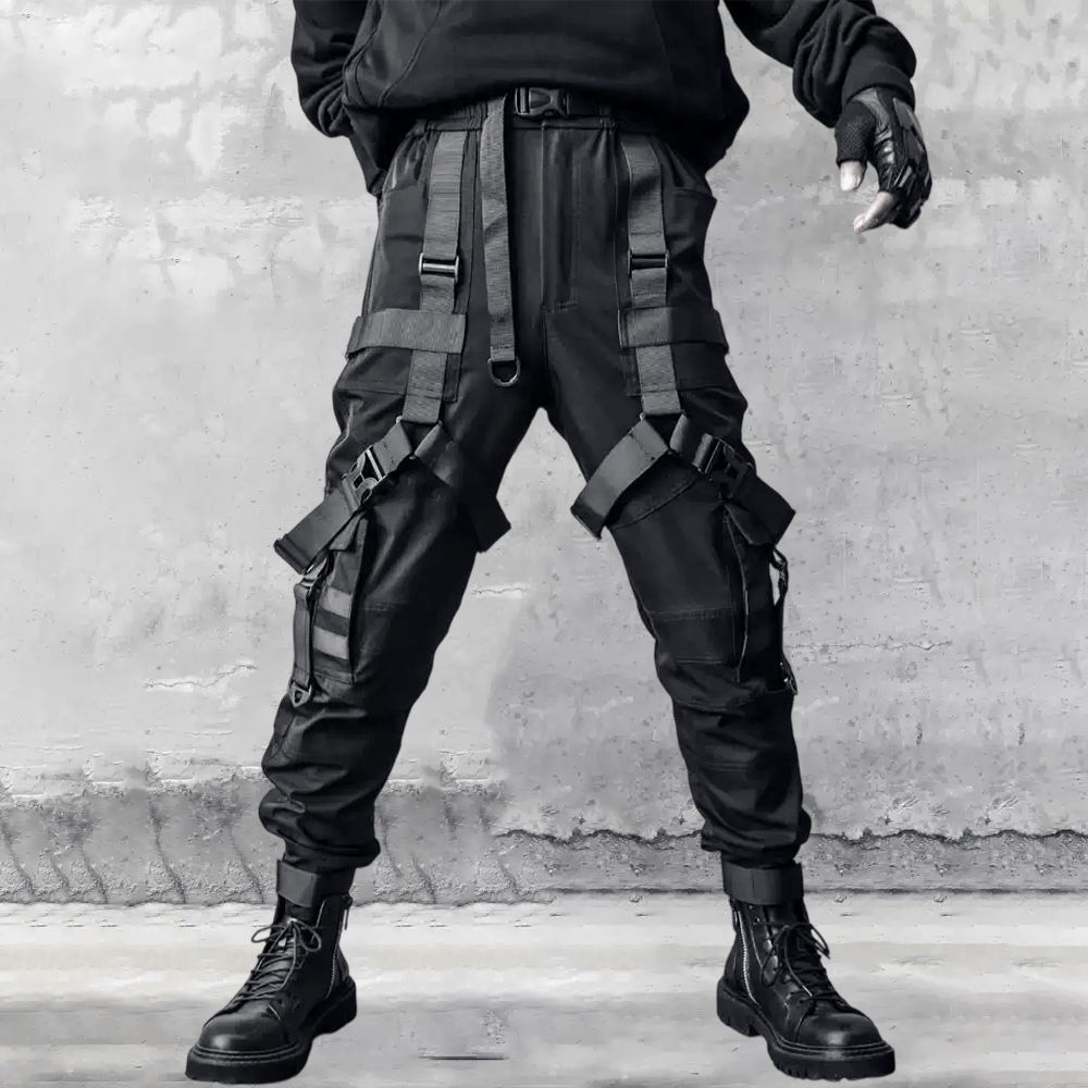 Kobine Men's Techwear Multi Buckle Straps Large Pocket Cuffed Cargo Pants
