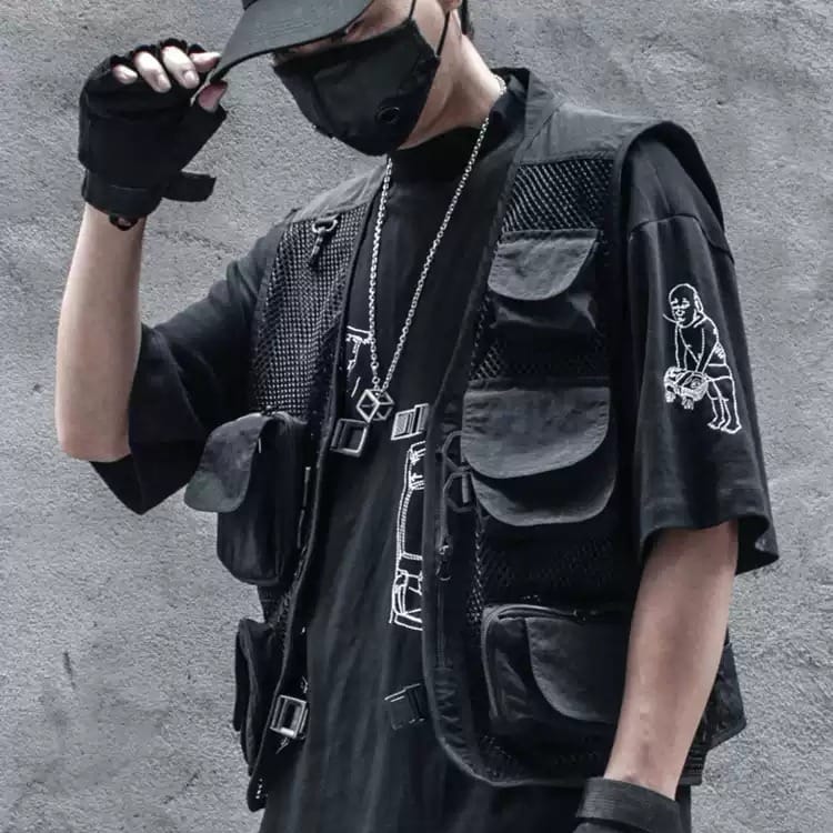 Kobine Men's Techwear Multi-Pocket Mesh Panel Buckle Vest