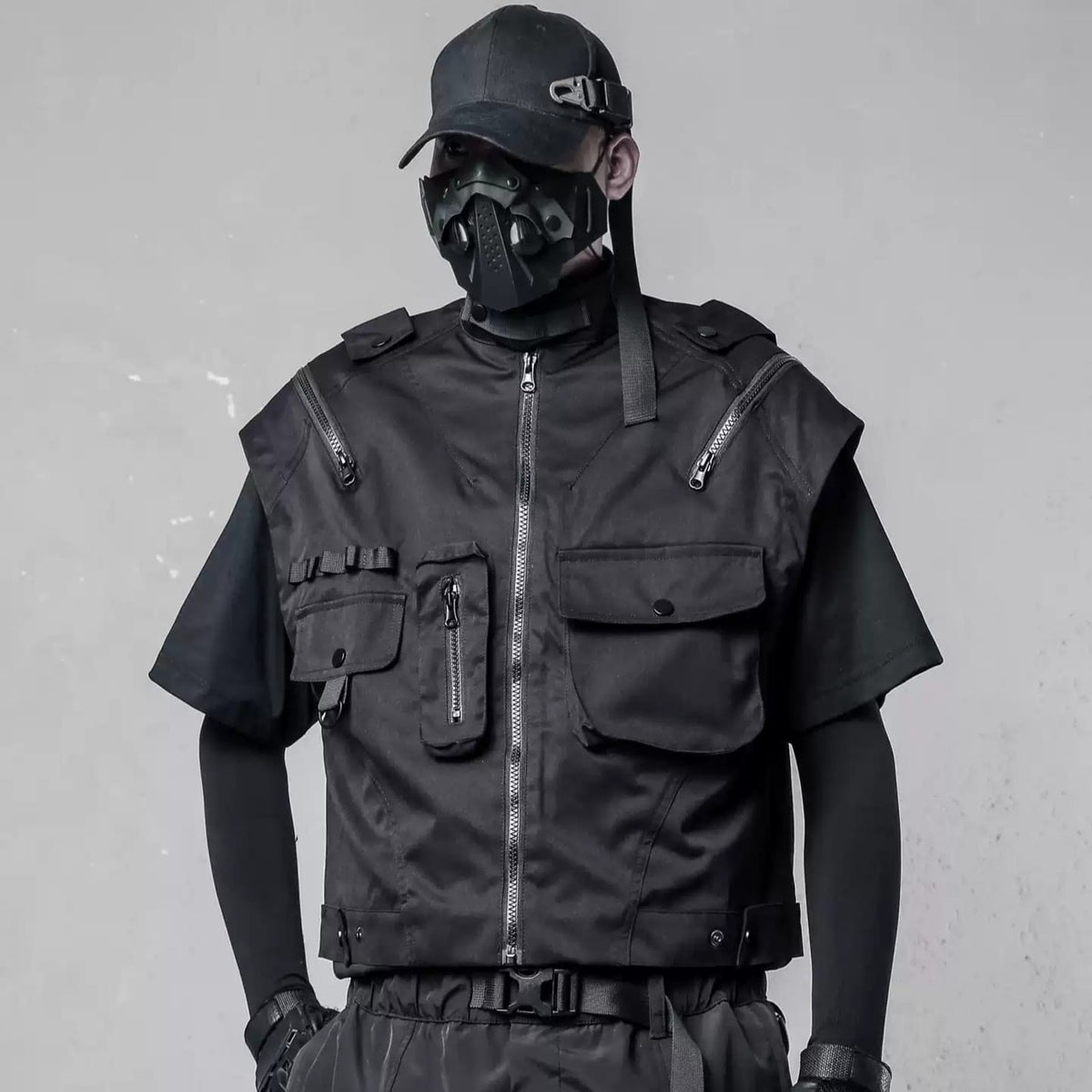 Kobine Men's Techwear Multi Zippers Large Pocket Stand Collar Vest