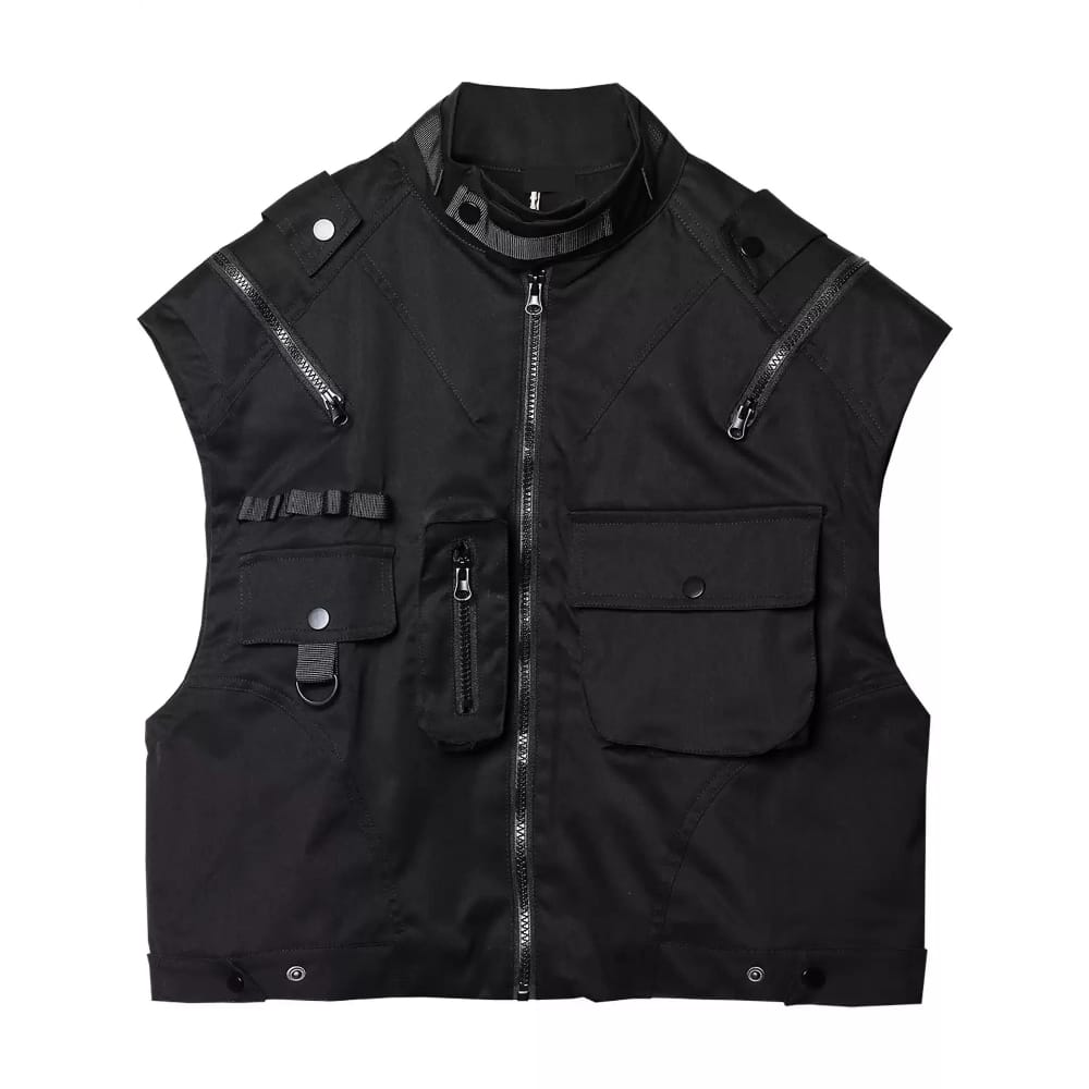Kobine Men's Techwear Multi Zippers Large Pocket Stand Collar Vest