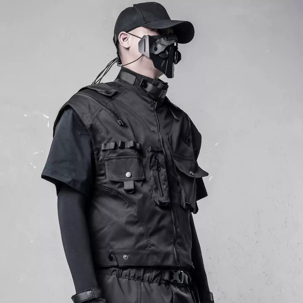 Kobine Men's Techwear Multi Zippers Large Pocket Stand Collar Vest