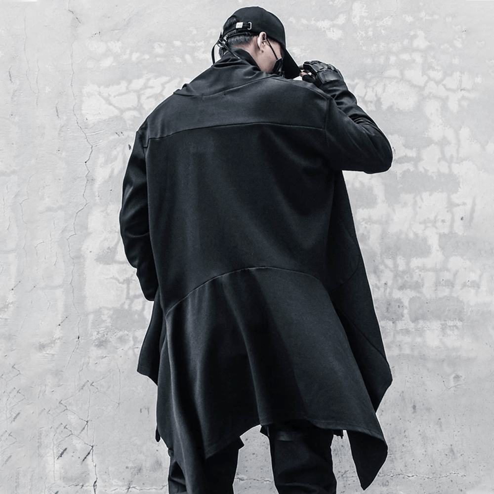 Kobine Men's Techwear Open Front Draped Patchwork Irregular Hem Coat with Belt