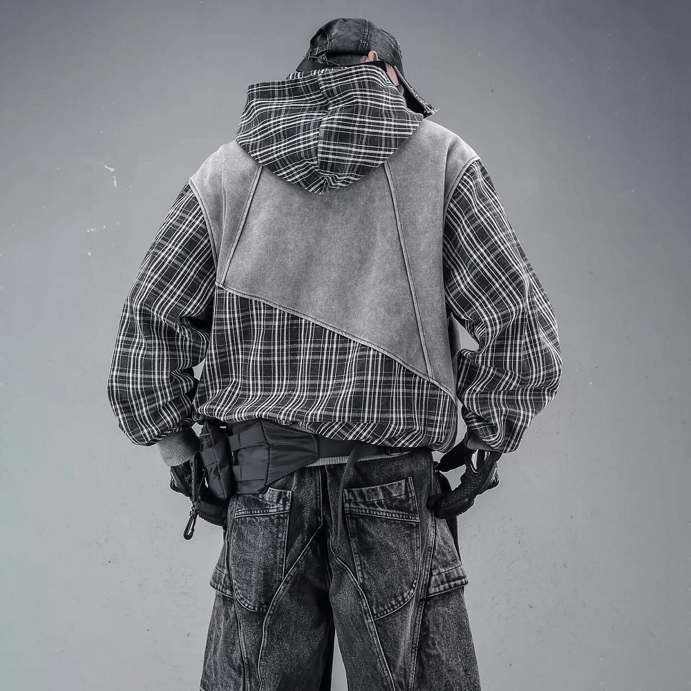 Kobine Men's Techwear Plaid Patchwork Zip Up Hooded Jacket