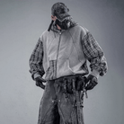 Kobine Men's Techwear Plaid Patchwork Zip Up Hooded Jacket