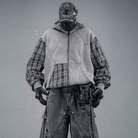 Kobine Men's Techwear Plaid Patchwork Zip Up Hooded Jacket